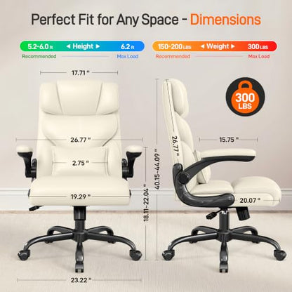 Office Chair, Executive Mid-Back Computer Desk Chair with Flip-up Armrests | 300 Lbs Ergonomic Leather Swivel PC Chair with Rock Function for Working Studying (Creamy White) - color: Creamy White