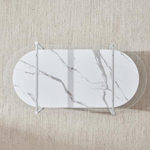 LumFurn Oval Glass Coffee Table, Mid-Century Modern Design for Living Room, L41xW21xH17inch, Clear Glass, White Marble Finish Wood & Silver Finish Frame - color: Oval L41" Silver & White Marble