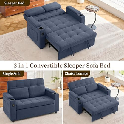 Korser 55.5'' 3-in-1 Convertible Sofa Bed, Pull Out Couch with 5-Position Adjustable Backrest, Loveseat Sleeper Sofa for Small Spaces, Sofa Couch with Cup Holders for Living Room, Office, Chenille - color: Dark Blue