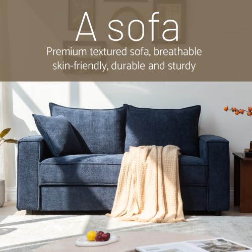 YUHUASHI Linen Fabric Loveseat Sofa, Modern Upholstered 2-Seater Couch with Square Arms and Throw Pillow, Sturdy Small Space Sofa Furniture for Living Room Bedroom Apartment (Blue, 65 Inch W) - color: Blue, size: 65 Inch W