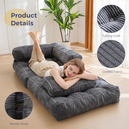 MAXYOYO Folding Sofa Bed, Convertible Chair Bed with Pillow | L-Shaped Floor Sofa with Armrest and Pillow, Foldable Portable Fold Out Comfy Chair Bed for Living Room Bedroom, Dark Grey - color: Dark Grey