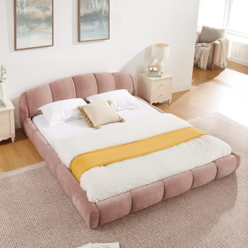 68" Bed Frame Queen Size, Low Platform Bed with Curved Headboard, Pink | Chenille Upholstered Bed Frame with Segmented Padded Washable Cushions, Wood Slats Support, Noise-Free, No Box Spring Needed - color: Pink, size: Queen