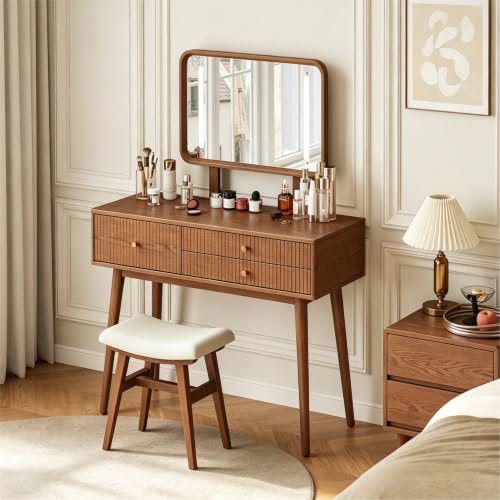 Wood Makeup Vanity,Makeup Vanity Desk with Lights,3 Color Modes & Adjustable Brightness,midcentury Modern Vanity,Walnut - size: Wood Vanity with Mirror Light