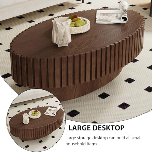 Oval Fluted Drum Coffee Table with Pedestal Base | 43.3'' Modern Brown Wooden Drum Center Table, Handcrafted Solid Wood Fluted Edge, For Living Room & Apartment - color: Oval Brown