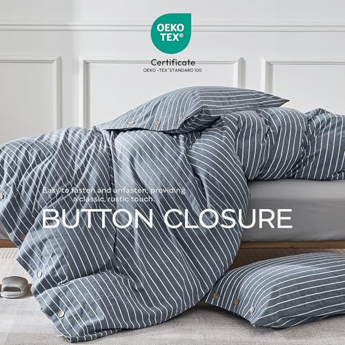 JELLYMONI Cotton Duvet Cover Oversized King Size - Blue Pinstriped Comforter Cover with Button 100% Washed Cotton 3PCS Breathable Soft Solid Bedding Set Duvet Cover 120×98in & 2 Pillowcases - color: 03- Blue Pinstripe, size: Oversized King(120"×98")