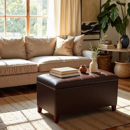 Storage Ottoman Bench, 33 Inches Faux Leather Rectangle Tufted Foot Stool for End Foot of Bed, Bedroom, Living Room, Brown - color: Brown Faux Leather