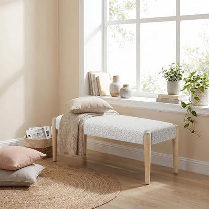 Usaint 42" End of Bed Bench with Wood Legs, Heathered White with Oak Leg | Modern Upholstered Bedroom Bench with Rubberwood Legs, Entryway Bench with Cushion, Dining Bench for Living Room, Bedroom - color: Heathered Off-white With Oak Leg
