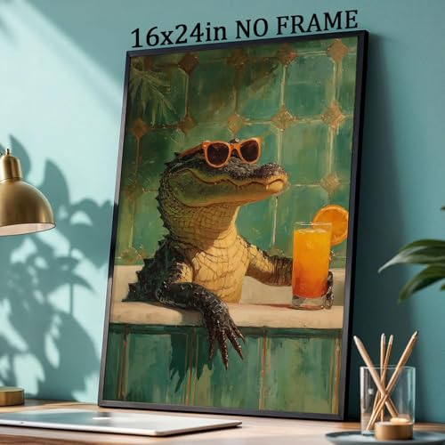 Funky Animals Wall Art Bathroom Humor Poster Animal in Bathtub Painting Aesthetic Cocktail Picture Crocodile Artwork Bathroom Drinking Pictures Funny Animal Green Poster for Restroom 16x24in Frameless - color: G3Unframed
