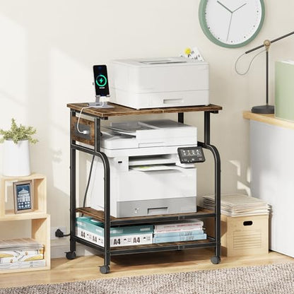 YAOHUOO 3 Tier Large Printer Stand with Power Outlet/Adjustable Shelf | 22"x15" Large Top,Fit 2-3 printers,Rolling Cart with Wheels,Table for Home Office,Fit 3D Printer/Heat Press/Laser,Brown - color: Rustic Brown, size: 22"×15"