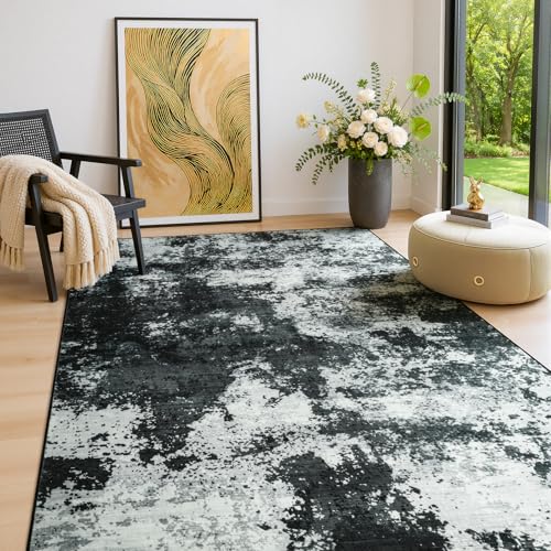 3x5 Back Grey Area Rug Washable Non-Slip Low Pile Entryway Carpet | Stain Resistant, Soft Faux Wool, Abstract Design, for Entryway, Bedroom, Small Living Room, Kitchen - color: Black Grey, size: 3' x 5'(36''x60'')