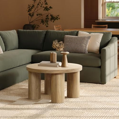 LuxenHome 27.5" Small Round Coffee Table with 4 Pillar Legs | Accent Center Table with 4 Sturdy Pillar Legs, Modern Farmhouse Style, Low-Profile Design - color: Dark Oak-l