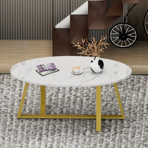 Wolawu Coffee Table White Faux Marble Coffee Table for Living Room,Oval Center Tables Modern Tea Table for Small Space,Wooden Living Room Tables End Table with Sturdy Gold Metal Leg - color: White Gold