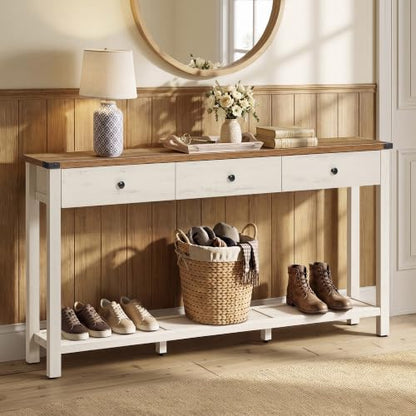 VASAGLE LIRY Collection Narrow Console Table with 3 Drawers | Long Sofa Table with Storage Shelf, Honey Brown and Rustic White, 9.4 x 63 x 29.9 Inch, ULNT148W101 - color: 허니 브라운 + 러스틱 화이트, size: 9.4"D x 63"W x 29.9"H