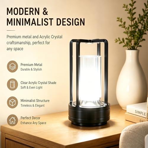 Rechargeable Crystal Table Lamp, 3-Color Touch LED, Black | Black metal crystal lantern, 3-color touch dimming, USB-C rechargeable, compact 7.1 in accent light for patio table - style: black-1