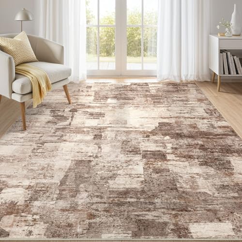 kakania Abstract 7x9 Area Rugs for Living Room: Washable Rugs Brown | Soft, Non-Slip, Low-Pile, Pet & Kid Friendly - Modern Home Decor Carpet for Bedroom/Dining Room/Office/Nursery - color: Brown, size: 7' x 9' (Rectangular)
