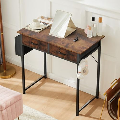 DUMOS 32-Inch Small Computer Desk with Drawers and Hook, Brown | Home Office Desk for Bedroom, Gaming Writing Study Desk with Adjustable Feet - color: Brown, size: 32-In