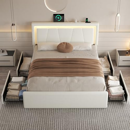 Queen Size Bed Frame with 4 Storage Drawers, Upholstered Headboard, White | Modern Bed, Charging Station, LED Light, Adjustable Height Headboard, Noise-Free, No Box Spring Needed, Easy Assembly - color: White, size: Queen