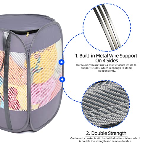 Pop-Up Laundry Hamper with YKK Zipper Lid, 1.5 Loads, Reinforced Handles | Tear-Proof Honeycomb Mesh, Zippered Lid & Tall Design, 14.9" x 14.9" x 21.6", White Laundry Basket, Reinforced Handles