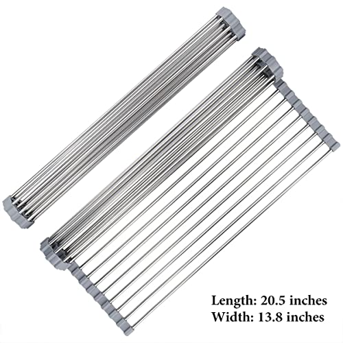 Hhyn Roll Up Dish Drying Rack 20.5"(L) x 13.8"(W), Gray | Stainless Steel and Silicone Dish Drying Mat Over The Sink Foldable Drain Rack Multipurpose Dish Drainer Extra Large - size: 20.5"(L) x 13.8"(W)