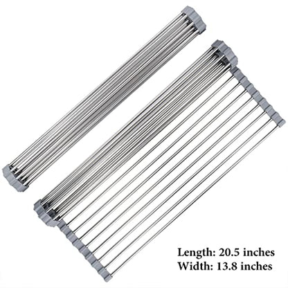 Hhyn Roll Up Dish Drying Rack 20.5"(L) x 13.8"(W), Gray | Stainless Steel and Silicone Dish Drying Mat Over The Sink Foldable Drain Rack Multipurpose Dish Drainer Extra Large - size: 20.5"(L) x 13.8"(W)