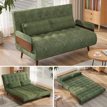 JASIWAY 45" Mid-Century Convertible Sofa Chair Bed Sleeper for Adult, Futon | Space Saving, Sturdy Green Chenille Convertable Guest Bed with Adjustable Backrest, Folding Sofa Chair with Walnut Armrest - color: Mid-century Green, size: 44.5" W Sleeper Chai
