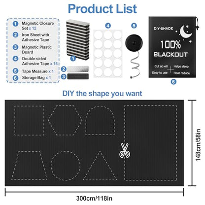 100% Magnetic Black Out Window Cover 𝟏𝟏𝟖" 𝐱 𝟓𝟖" Blackout Blinds No Drill, Portable Black Out Shades Blackout Curtains for Bedroom,RV,Nursery,Media Room with Strong Magnets - color: 118" X 58"