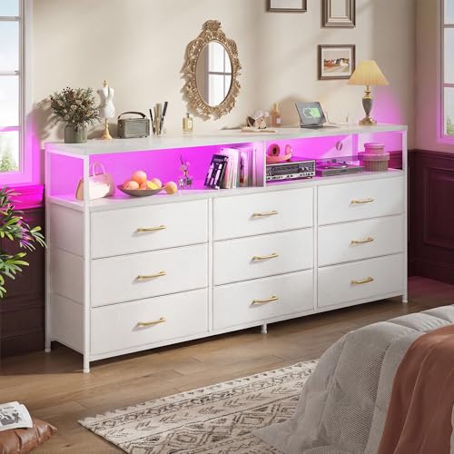 55" W Dresser for Bedroom with 9 Drawers LED, Power Outlets Fits 65" TV | TV Stand for 45, 55, 65 Inch TV Sturdy Long Chest of Drawers with Extra 2 Wooden Shelves Steel Frame PU Leather Drawer - color: White