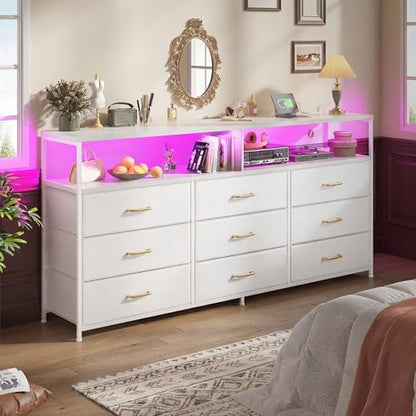 55" W Dresser for Bedroom with 9 Drawers LED, Power Outlets Fits 65" TV | TV Stand for 45, 55, 65 Inch TV Sturdy Long Chest of Drawers with Extra 2 Wooden Shelves Steel Frame PU Leather Drawer - color: White