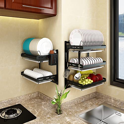 Wall Mounted Stainless Steel Dish Drying Rack Fruit Vegetable Storage Basket with Drainboard and Hanging Chopsticks Cage Knife Holder Kitchen Supplies Shelf Utensils Organizer (3-Tier) - color: 3-tier Dish Rack