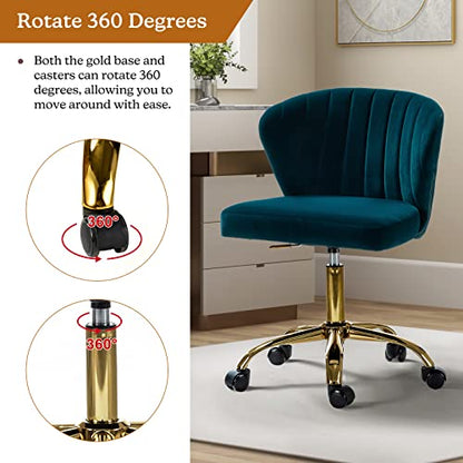 TINA'S HOME Office Desk Chairs with Wheels & Gold Base, Modern Velvet Cute Armless Office Chair, Adjustable Low Back Swivel Rolling Chair, Upholstered Task Chair for Living Room Vanity Study-Teal | Modern Velvet Cute Armless Office Chair, Adjustable Low B