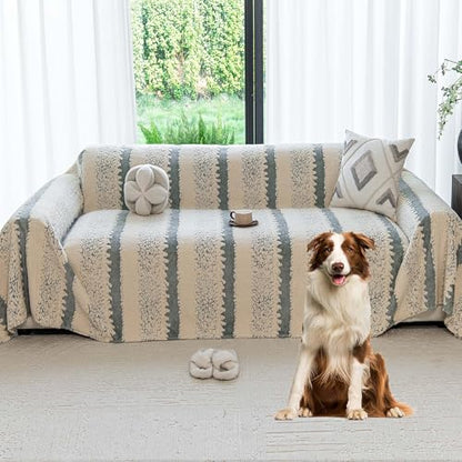 Sherpa Fleece Couch Cover for 2 Cushion Sofa, Gray, 71" x 118" – Pet Proof Sofa Covers, Heavy Duty, Scratch Resistant, Pet Friendly Furniture Cover – Easy Install, Machine Washable - color: Stripe 3 Gray, size: 71" x 118"