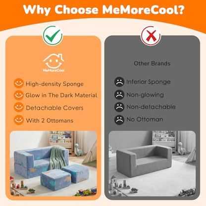 MeMoreCool Glow Modular Kids Couch, Dinosaur | modular foam seating, removable washable cover, dinosaur glow design, lightweight pieces, playroom furniture - color: Denim Dinosaur