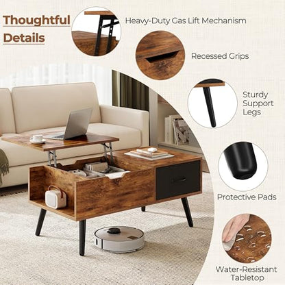 Yaheetech Coffee Table with Storage,39.5'' Lift Top Coffee Table,Hidden Storage Compartment,Foldable Drawer,Lift Tabletop Dining Center Table for Home Living Room Office,Rustic Brown - color: Rustic Brown