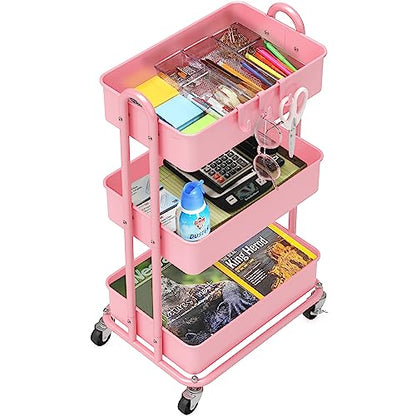 Simple Houseware 3-Tier Heavy Duty Metal Utility Rolling Cart, Pink - color: Pink