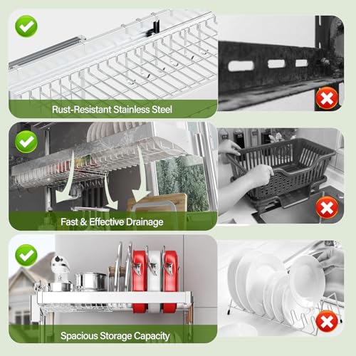 Over The Sink Dish Drainer Drying Rack 3 Tier, Full Stainless Steel Dish Drying Rack Adjustable Length 20.9''-37.4'' , Kitchen Sink Shelf, Organized Space-Saving Dish Rack with Pots and Pans Rack - color: Silver, size: 3 Tier with Pots and Pans Rack