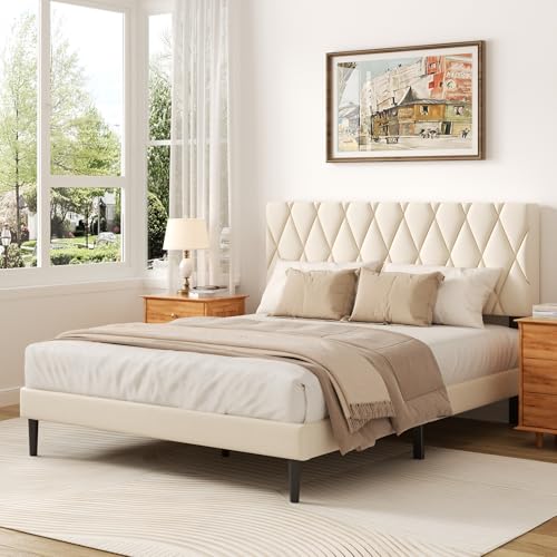 CXVX Full Size Bed Frame with Diamond Tufted Headboard, Velvet Upholstered Platform Bed and Wooden Slat Support, Noise-Free, No Box Spring Needed, Easy Assembly, Beige - color: Beige, size: Full