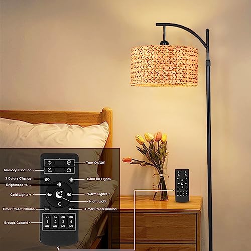 QIYIZM Floor Lamp for Living Room Bedroom Farmhouse Arc Rattan Boho Standing Lamp with Remote Dimmable Black Wicker Bamboo Lamp Shade Floor Light Adjustable Tall Lamp Industrial Floor Lamps Bohemian - size: 1-Floor Lamp