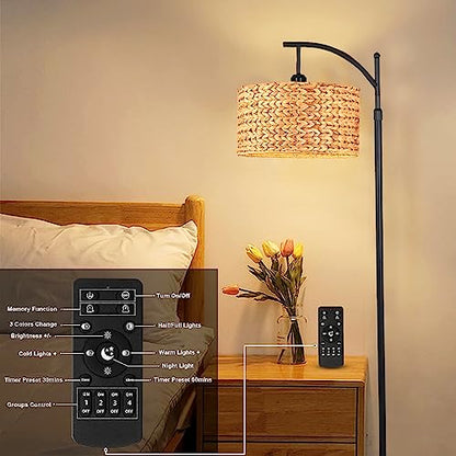 QIYIZM Floor Lamp for Living Room Bedroom Farmhouse Arc Rattan Boho Standing Lamp with Remote Dimmable Black Wicker Bamboo Lamp Shade Floor Light Adjustable Tall Lamp Industrial Floor Lamps Bohemian - size: 1-Floor Lamp