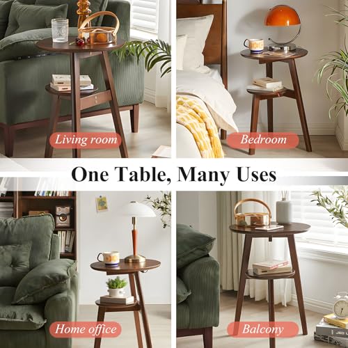 Side Table, 2-Tier Round End Tables Living Room, Mid Century Modern Side Table, Round Nightstand, Oak Accent Table, Small Round Coffee Table, 16.54" Dia.x 23.62" H(Walnut) - color: Walnut