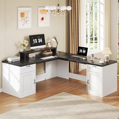 HUAHUU 78" Farmhouse L Shaped Executive Desk with Drawers, Modern Computer Desk with Power Outlets, Office Writing Desk with Monitor Stand & Storage Cabinet, Printer Shelf, Antique White - color: Black and White