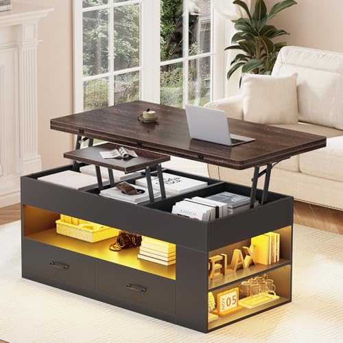 Itaar Lift Top Coffee Table, 4 in 1 Coffee Tables with Storage and Hidden Compartment, Farmhouse Coffee Table with 2 Fabric Drawers & LED Light for Living Room, Black - color: Black