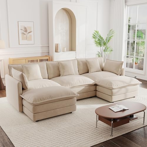 Modular Sectional Sofa, 111.5 Inch U Shaped Couch Set for Living Room, 3-Seater Comfy Cloud Couches with Movable Ottoman, DIY Combination, Chenille, Light Coffee - color: Light Coffee, size: 111.5 Inch- U