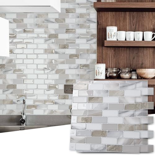 Art3d 10-Pack Marble Peel and Stick Backsplash, 12 x 12 in, Beige & White | Strong Adhesion, Lightweight, Cuttable, Waterproof, Fadeless, Crack Resistant, for Kitchen, Bedroom, Ideal for Recently Moved - color: Beige & White