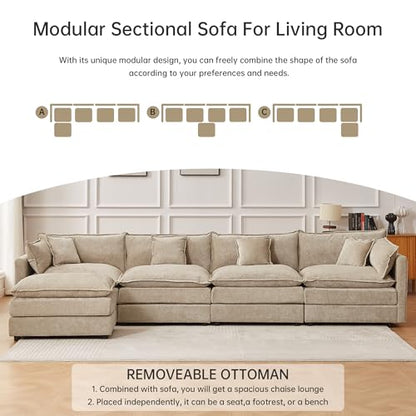 Modular Sectional Sofa, 147.2 Inch L Shaped Couch Set with Armrests, 4-Seater Comfy Cloud Couches with Movable Ottoman for Living Room Apartment, Coffee - color: Coffee, size: 147.2'' - L Shape