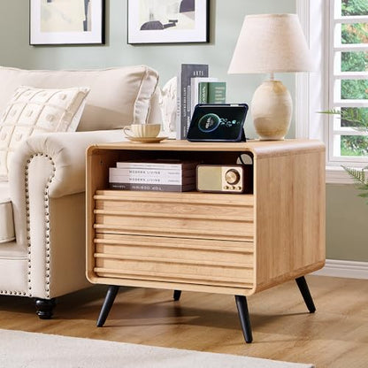 RedLemon 24" Fluted Nightstand with Charge Station, 2 Drawers, Oak | Mid Century Modern, 2 Drawers & Open Cubby Storage, P2 Engineered Wood, Smooth Slides, Easy Assembly, Charge Station