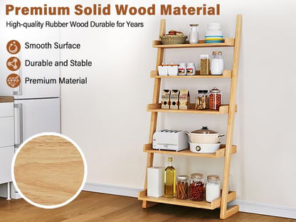 CozyDH Wooden Ladder Shelf,Natural Ladder Bookshelf Narrow 5-Tier,Ladder Shelf Bookcase Storage for Living Room, Bedroom, Home Office,23.6Dx15.7Wx55.1H - color: Natural