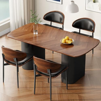 Dining Chairs Set of 2, Mid-Century Modern Upholstered PU Leather Chairs | with Walnut Bentwood Back and Metal Legs Adjustable Feet for Kitchen Dining Room, Black PU - color: Black Pu