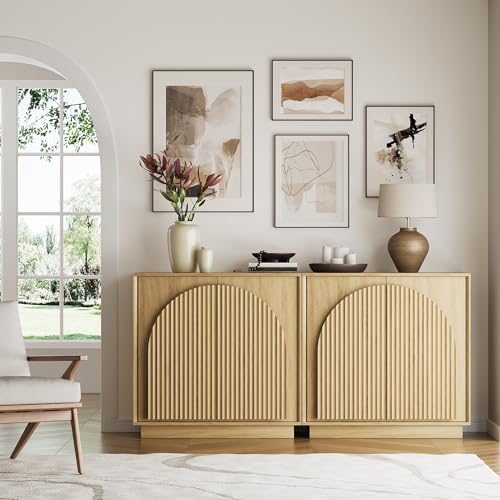 win2win 31.5" Small Buffet Cabinet with Storage, Arched Doors, Oak, 1PCS | Modern Console Cabinet for Dining Living Room Kitchen Entryway, Modular Accent Cabinet, Credenza with Wood Grain, Fluted - color: Oak