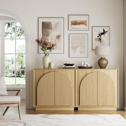 win2win 31.5" Small Buffet Cabinet with Storage, Arched Doors, Oak, 1PCS | Modern Console Cabinet for Dining Living Room Kitchen Entryway, Modular Accent Cabinet, Credenza with Wood Grain, Fluted - color: Oak