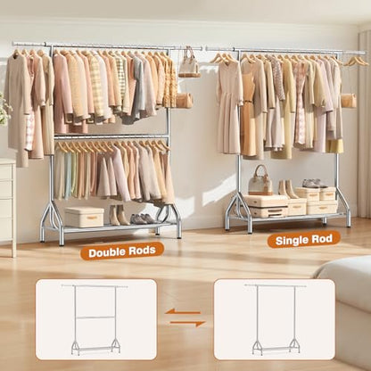 Double Rod Clothing Rack Load 622 LBS, Heavy Duty Clothes Rack for Hanging Clothes, 82.68 inch High Garment Rack with Sotrage Shelves, Metal Clothing Hanger Closet Wardrobe Organizer (Silver) - color: Silver